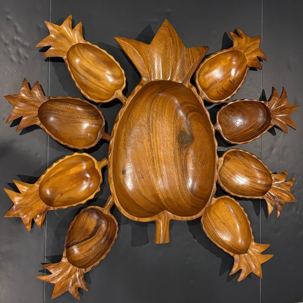 Vtg MCM Monkey Pod X-Large Pineapple Shaped Salad/Fruit Bowl w/8 Individual Bowl
